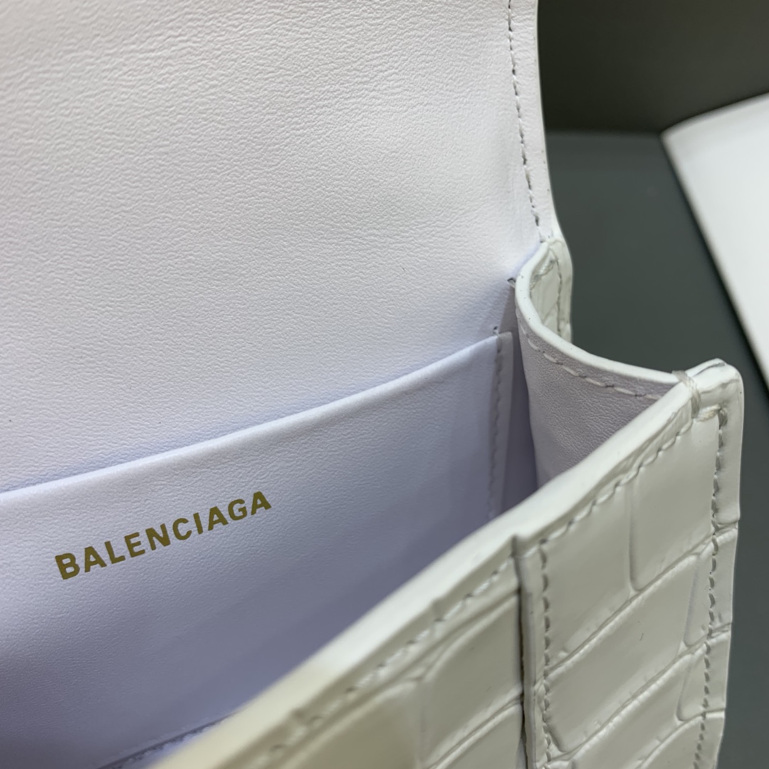 Balenciaga Hourglass Mini Handbag With Chain Crocodile Embossed Shoulder Bag White